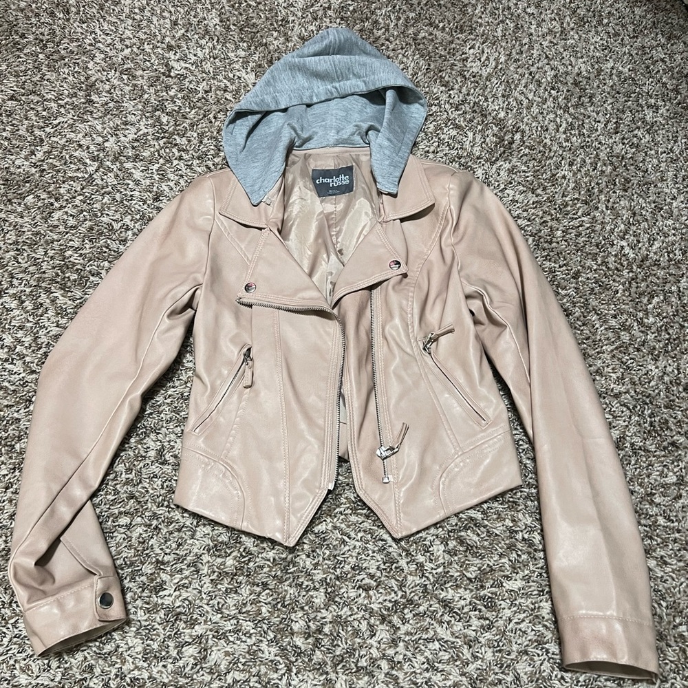 Charlotte Russe Women's Pink Faux Leather Jacket with Detachable Hood